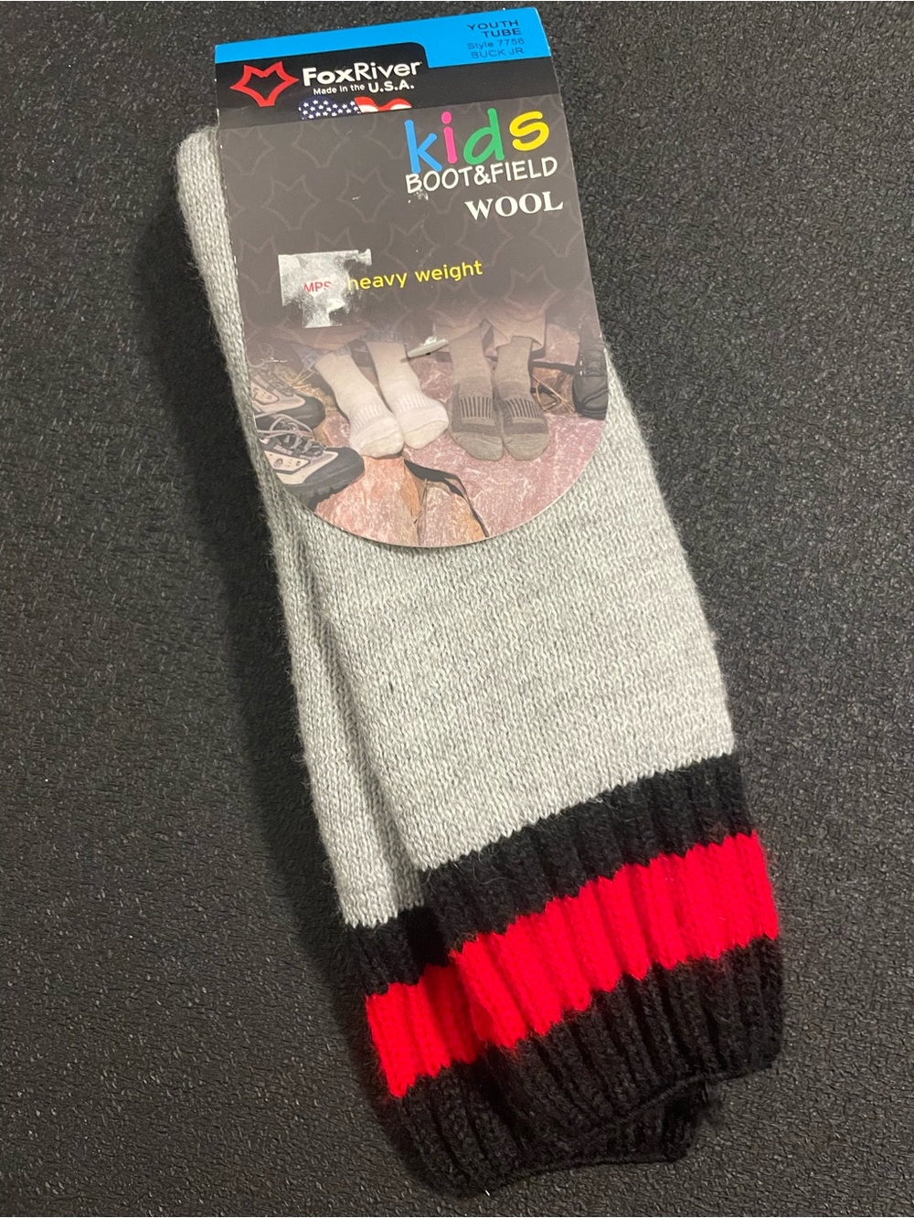 New With Tag Fox River Kids Wool Blend Boot Socks Gray with Black & Red Stripes